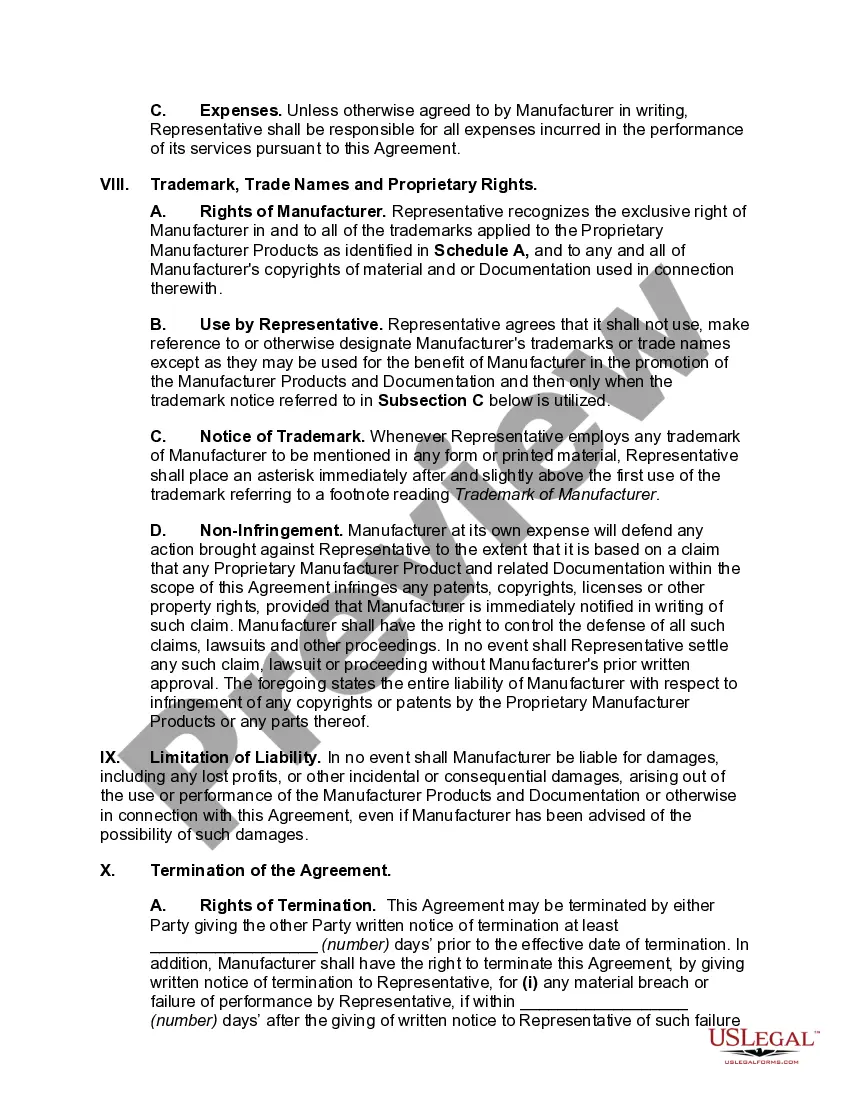Preview Sales Representative Agreement with Manufacturer and Developer of Certain Computer Hardware and Software Products
