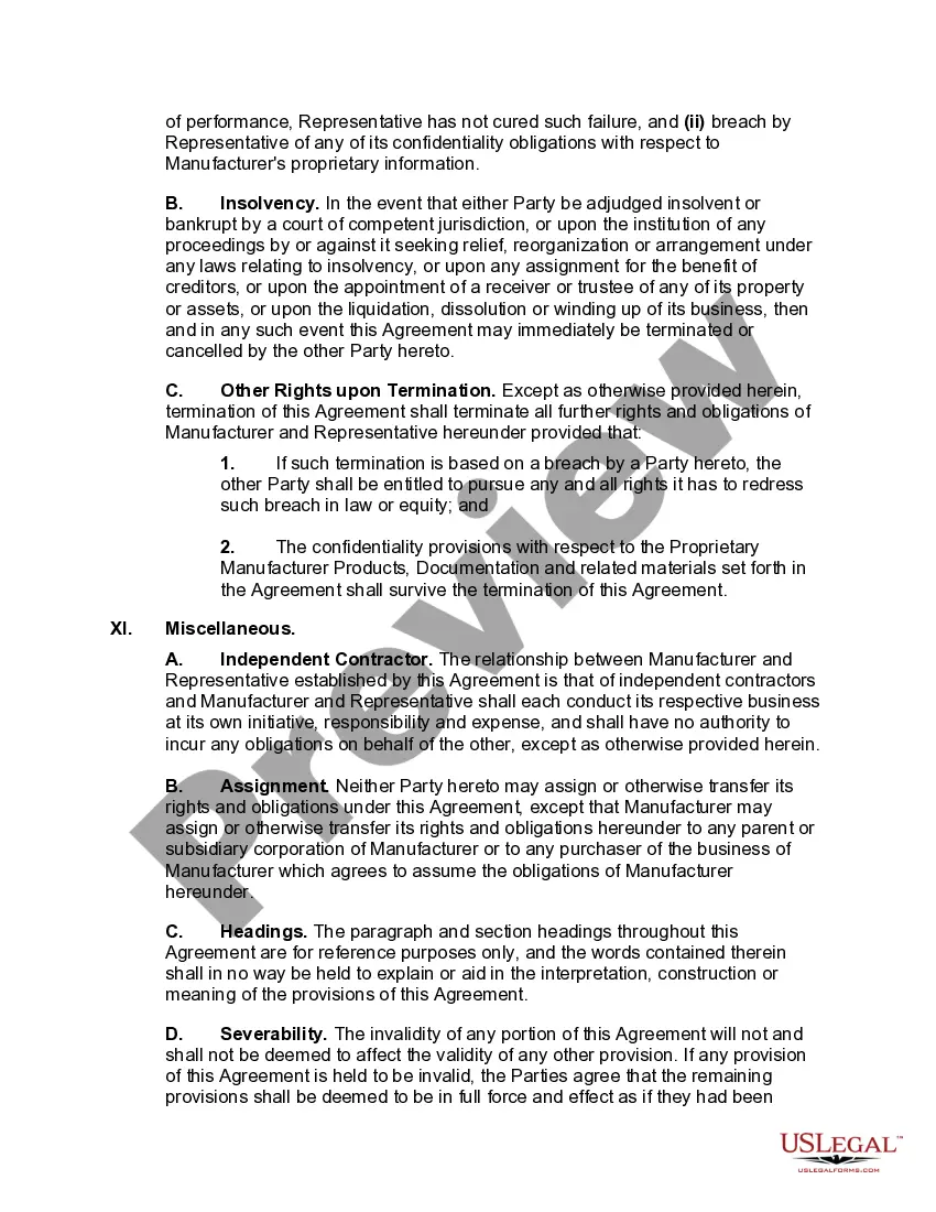 Preview Sales Representative Agreement with Manufacturer and Developer of Certain Computer Hardware and Software Products