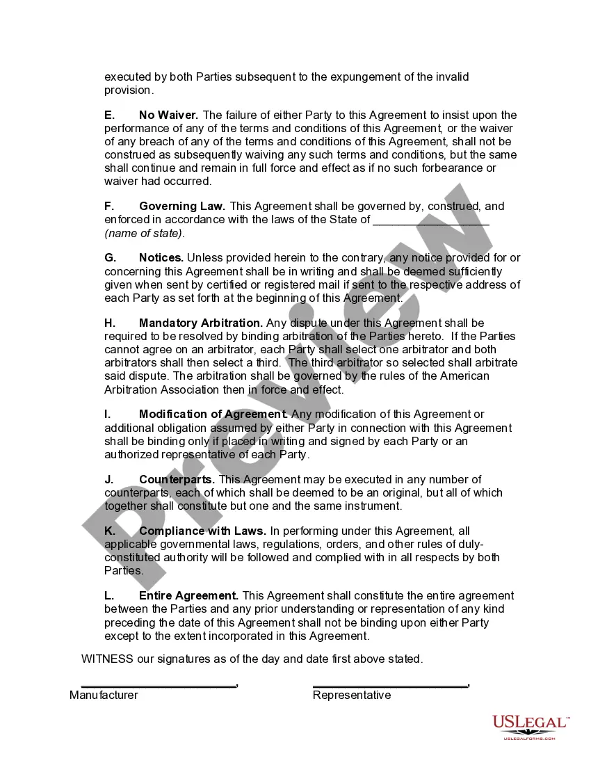 Preview Sales Representative Agreement with Manufacturer and Developer of Certain Computer Hardware and Software Products