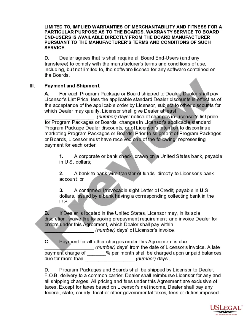 Preview Agreement between Licensor and Dealer for Sale of Computers, Internet Services, or Software