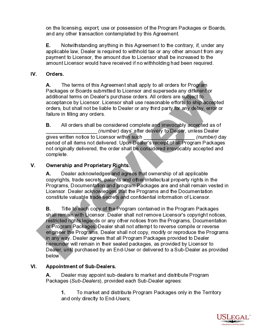 Preview Agreement between Licensor and Dealer for Sale of Computers, Internet Services, or Software