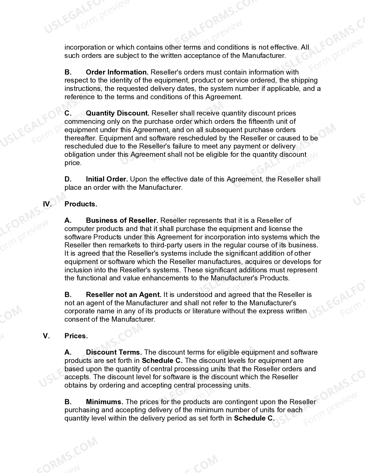 Preview Manufacturer Reseller Agreement for Equipment, Software Products, and Maintenance
