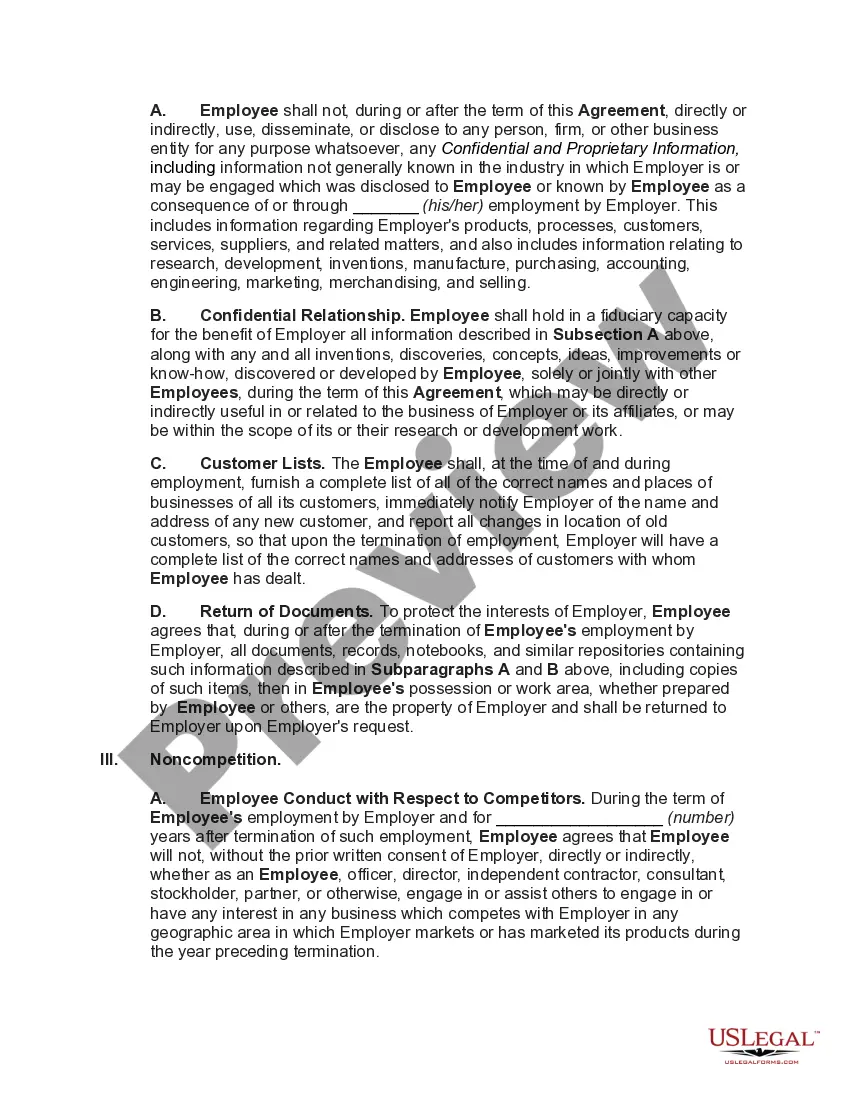 Preview Noncompetition and Confidentiality Agreement between Employer and Employee regarding Trade Secrets and Other Confidential Information