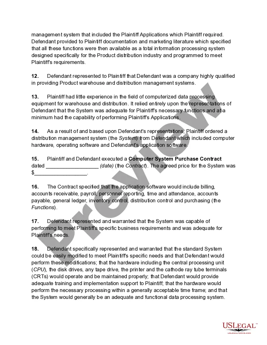 Get Complaint against Vendor of Computer System by Purchaser for Fraud and Misrepresentation, Breach of Contract, Breach of Implied Warranty of Merchantability, Breach of Implied Warranty of Fitness Preview Complaint against Vendor of Computer System by Purchaser for Fraud and Misrepresentation, Breach of Contract, Breach of Implied Warranty of Merchantability, Breach of Implied Warranty of Fitness