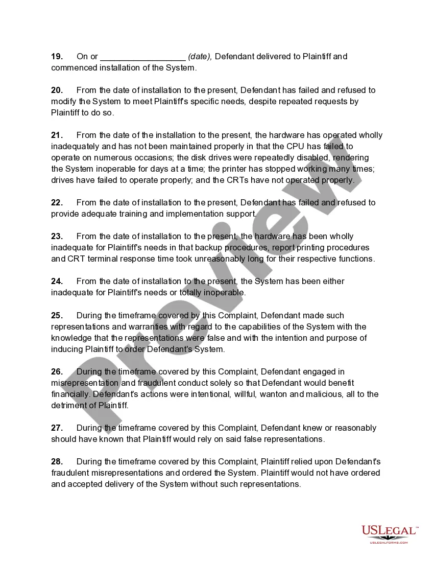 Get Complaint against Vendor of Computer System by Purchaser for Fraud and Misrepresentation, Breach of Contract, Breach of Implied Warranty of Merchantability, Breach of Implied Warranty of Fitness Preview Complaint against Vendor of Computer System by Purchaser for Fraud and Misrepresentation, Breach of Contract, Breach of Implied Warranty of Merchantability, Breach of Implied Warranty of Fitness