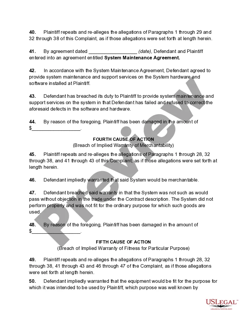 Get Complaint against Vendor of Computer System by Purchaser for Fraud and Misrepresentation, Breach of Contract, Breach of Implied Warranty of Merchantability, Breach of Implied Warranty of Fitness Preview Complaint against Vendor of Computer System by Purchaser for Fraud and Misrepresentation, Breach of Contract, Breach of Implied Warranty of Merchantability, Breach of Implied Warranty of Fitness