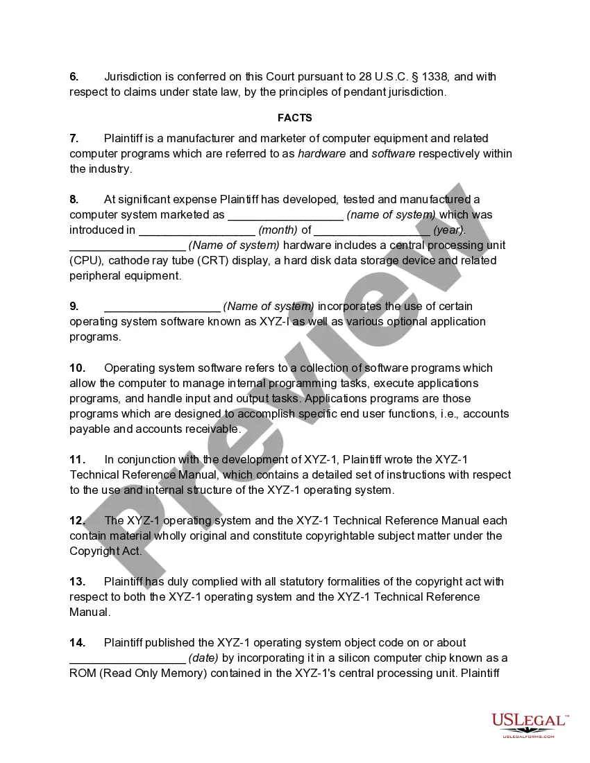 Preview Complaint for Copyright Infringement of Computer Software