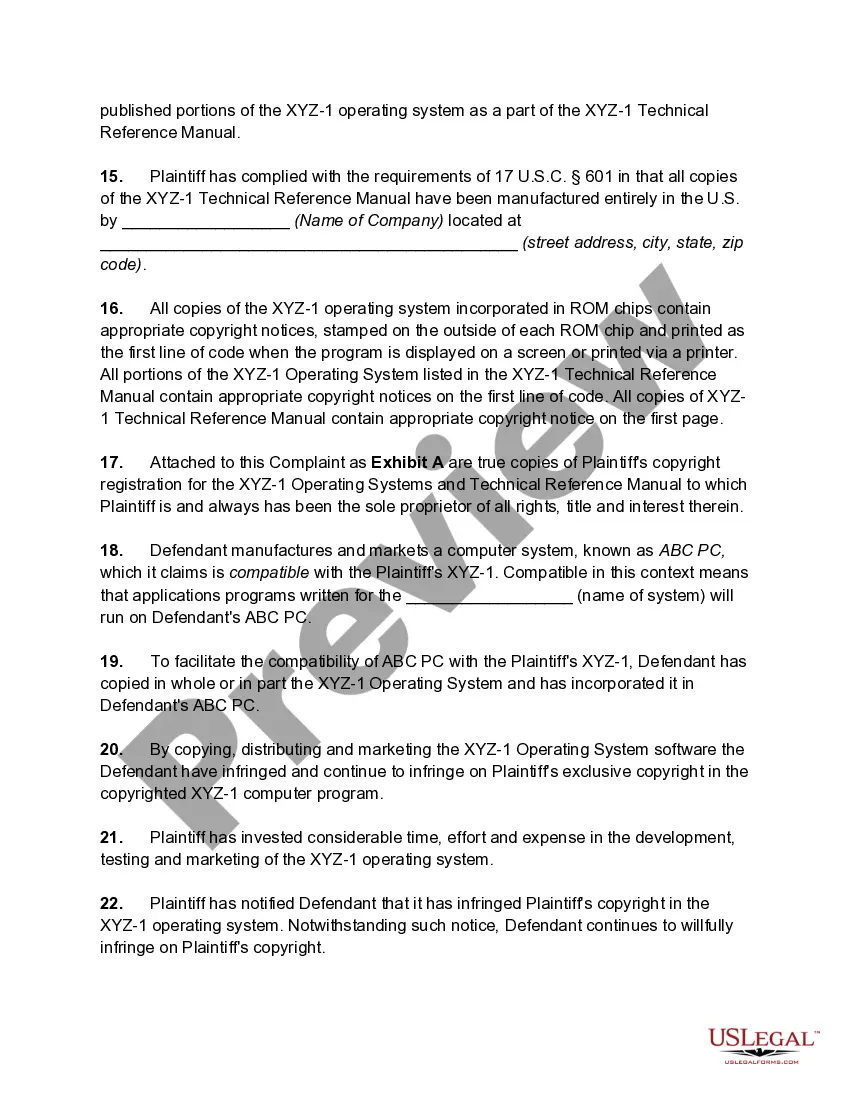 Preview Complaint for Copyright Infringement of Computer Software