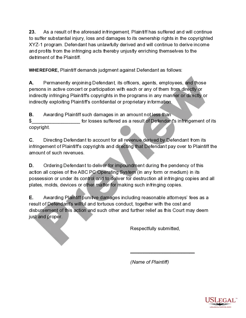 Preview Complaint for Copyright Infringement of Computer Software