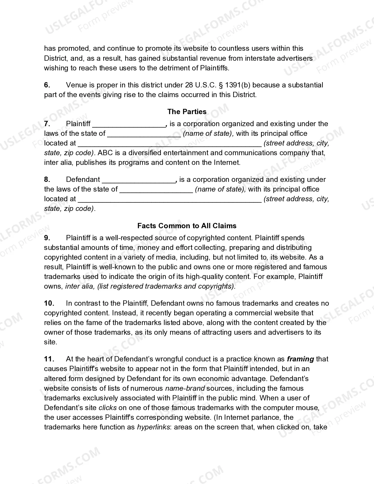 Preview Complaint for Copyright and Trademark Infringement Based on Web Site Framing