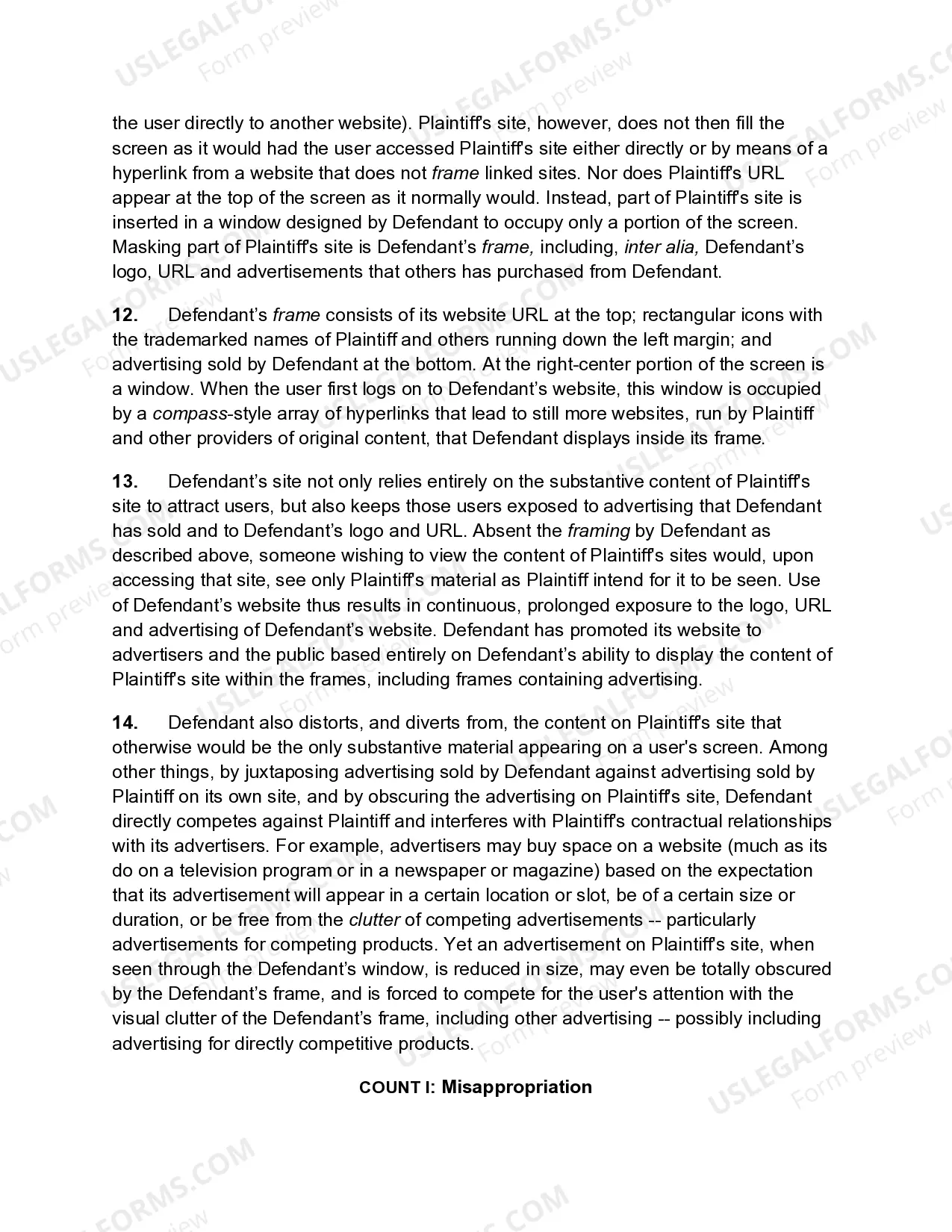 Preview Complaint for Copyright and Trademark Infringement Based on Web Site Framing