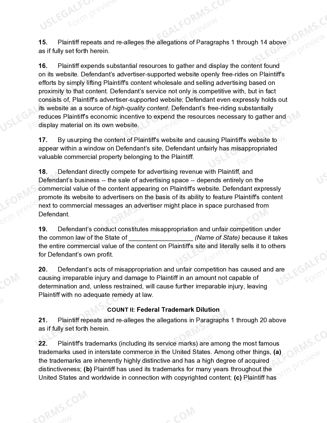 Preview Complaint for Copyright and Trademark Infringement Based on Web Site Framing