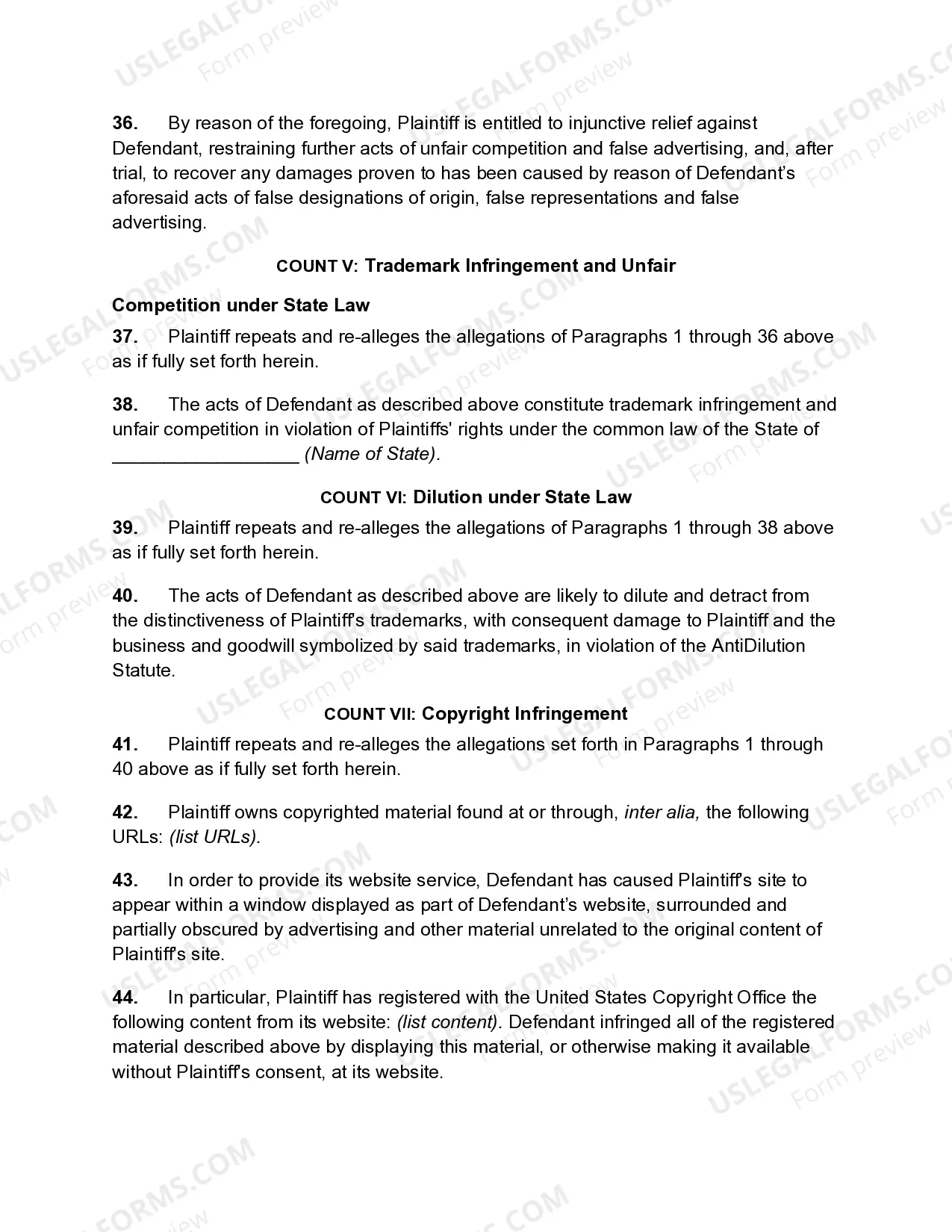 Preview Complaint for Copyright and Trademark Infringement Based on Web Site Framing