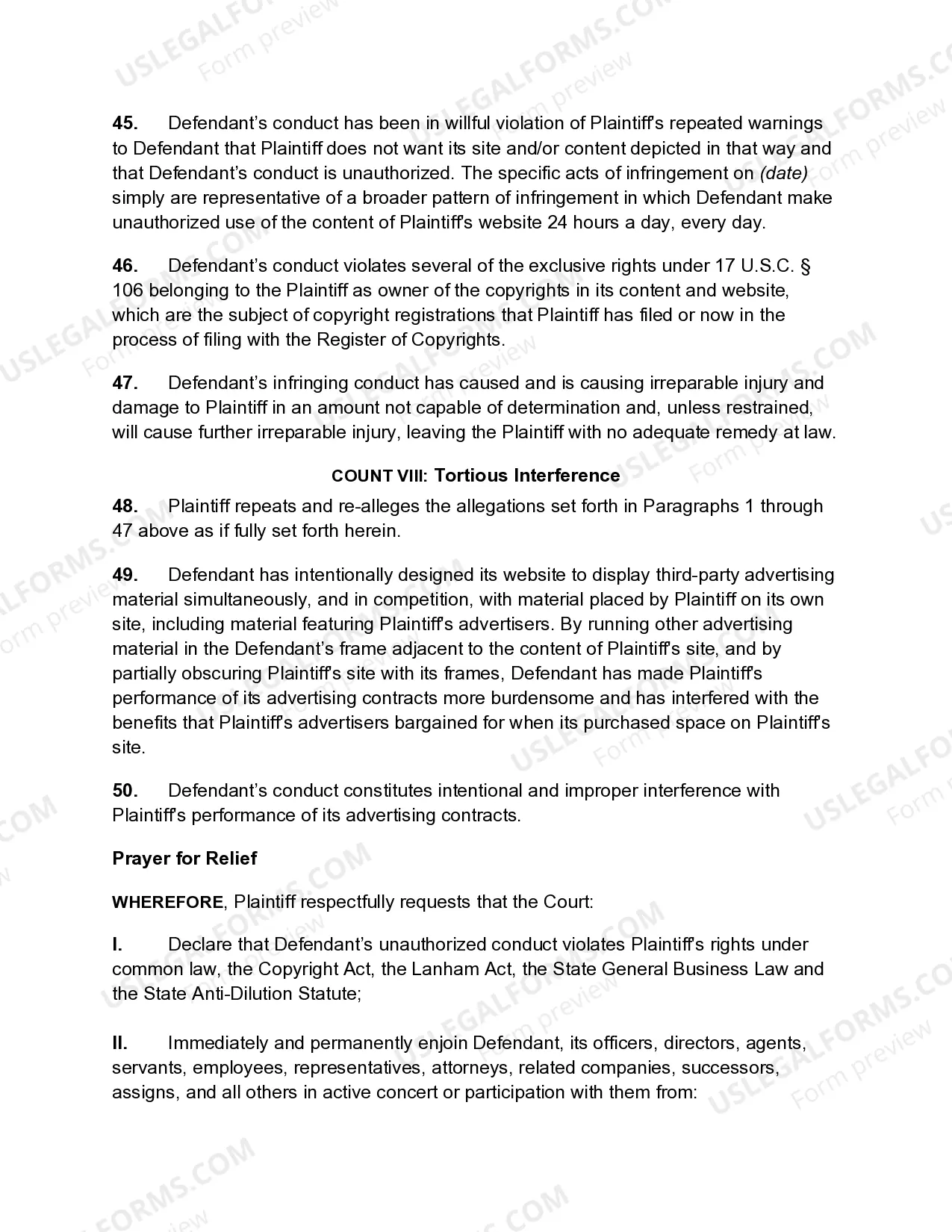 Preview Complaint for Copyright and Trademark Infringement Based on Web Site Framing