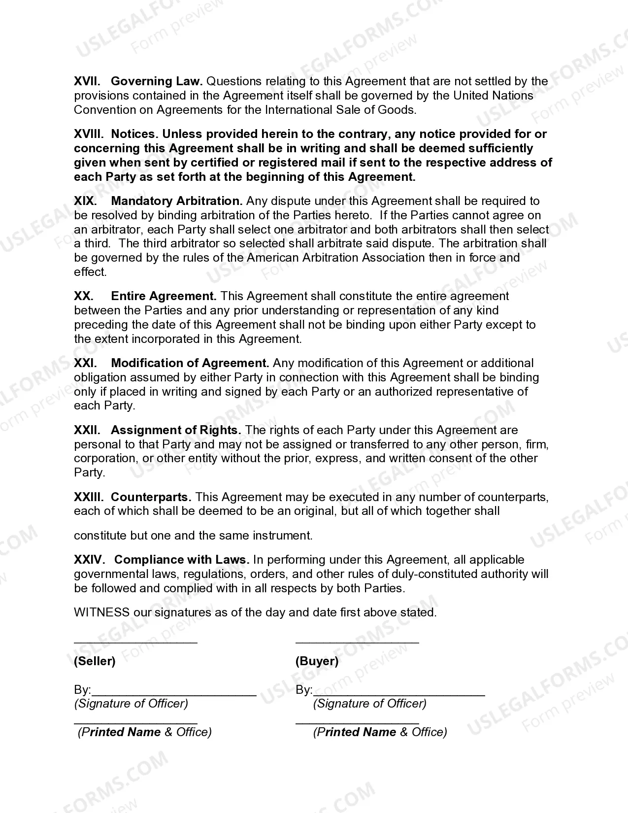 Preview Agreement for International Commercial Sale of Goods
