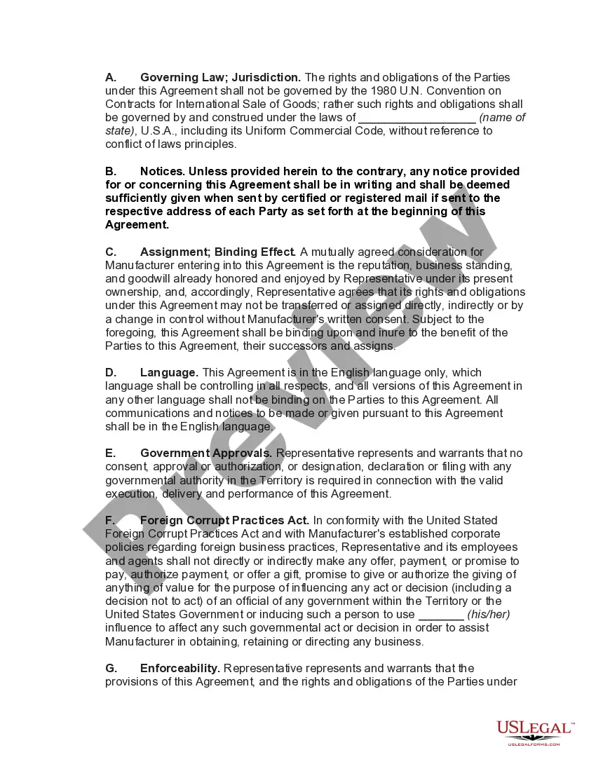 Preview Nonexclusive International Sales Representative Agreement with Manufacturer