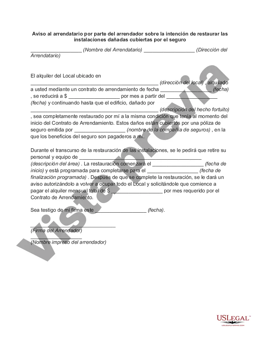 Preview Aviso al arrendatario por parte del arrendador sobre la intención de restaurar las instalaciones dañadas cubiertas por el seguro