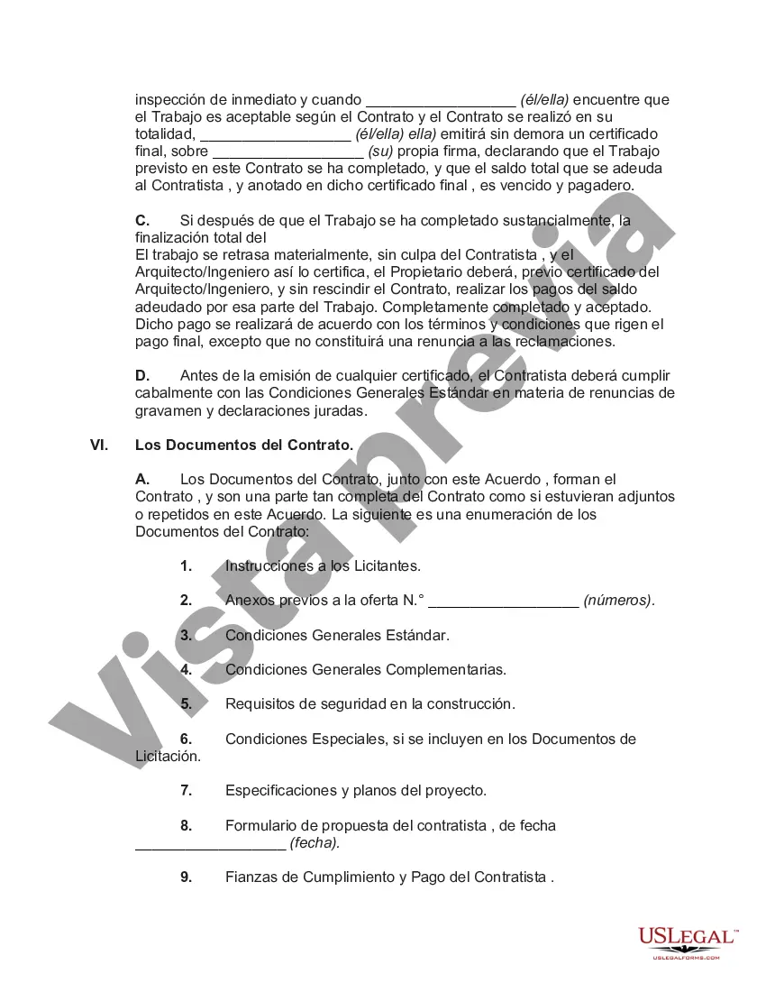 Preview Contrato para la construcción de un edificio con el contratista para suministrar todos los materiales y realizar todo el trabajo según lo requieran los documentos contractuales enumerados