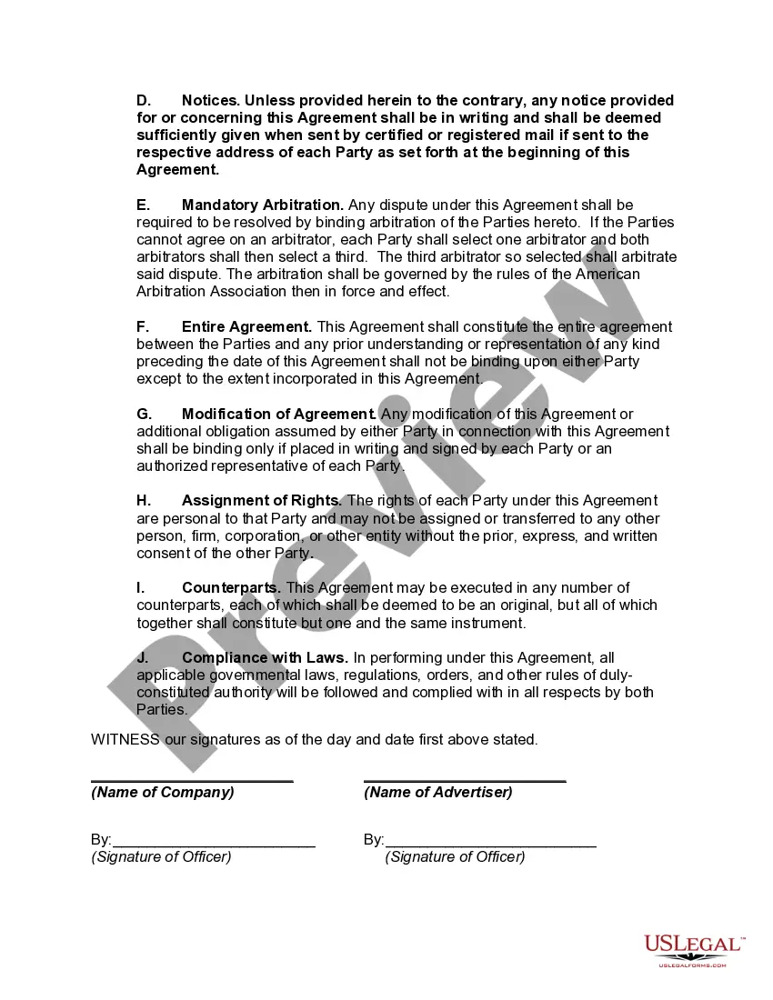 Get Agreement to Advertise on Different Platforms and by Various Methods Preview Agreement to Advertise on Different Platforms and by Various Methods