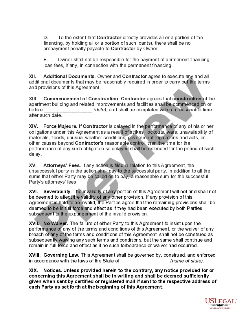 Preview Contract for Construction of Apartment Building with Financing by Contractor