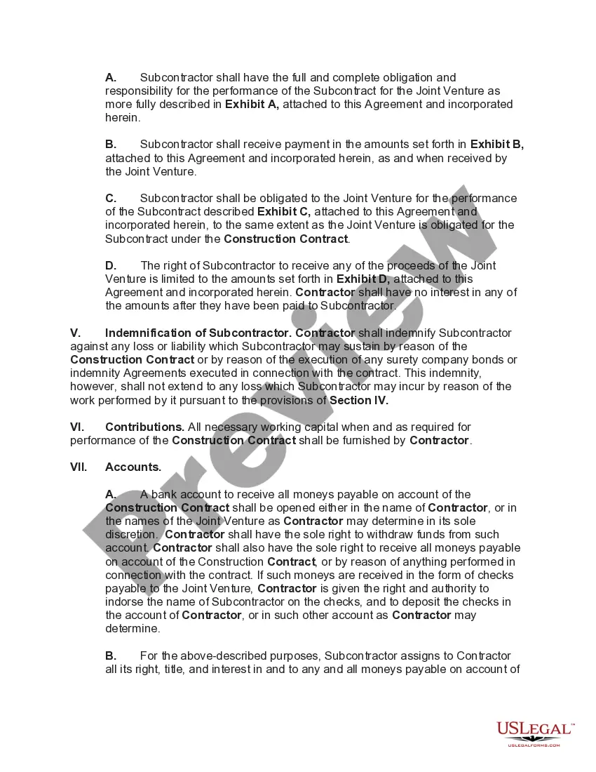 Get Joint Venture Agreement between Construction Contractor and Subcontractor for Performance of Work under General Construction Contract Preview Joint Venture Agreement between Construction Contractor and Subcontractor for Performance of Work under General Construction Contract