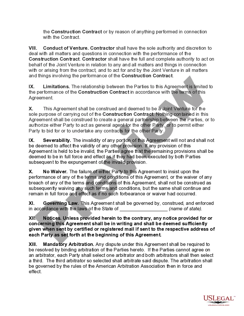 Get Joint Venture Agreement between Construction Contractor and Subcontractor for Performance of Work under General Construction Contract Preview Joint Venture Agreement between Construction Contractor and Subcontractor for Performance of Work under General Construction Contract