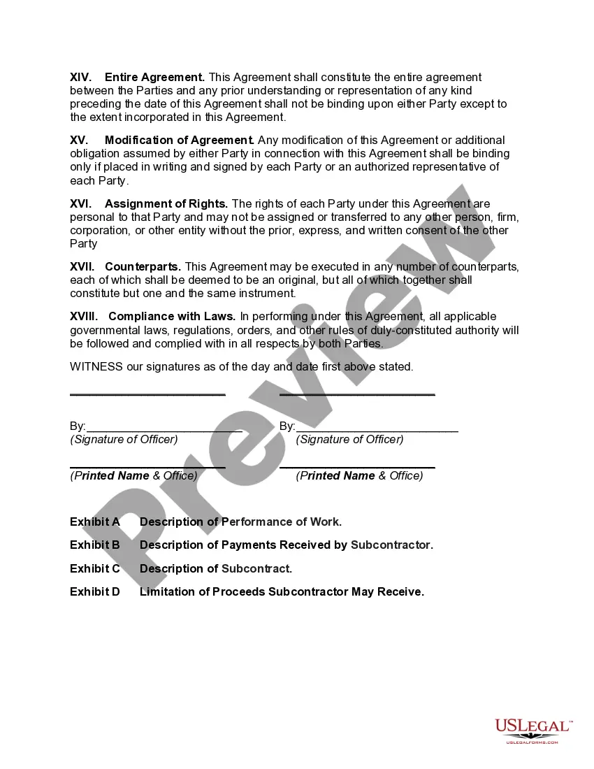 Get Joint Venture Agreement between Construction Contractor and Subcontractor for Performance of Work under General Construction Contract Preview Joint Venture Agreement between Construction Contractor and Subcontractor for Performance of Work under General Construction Contract