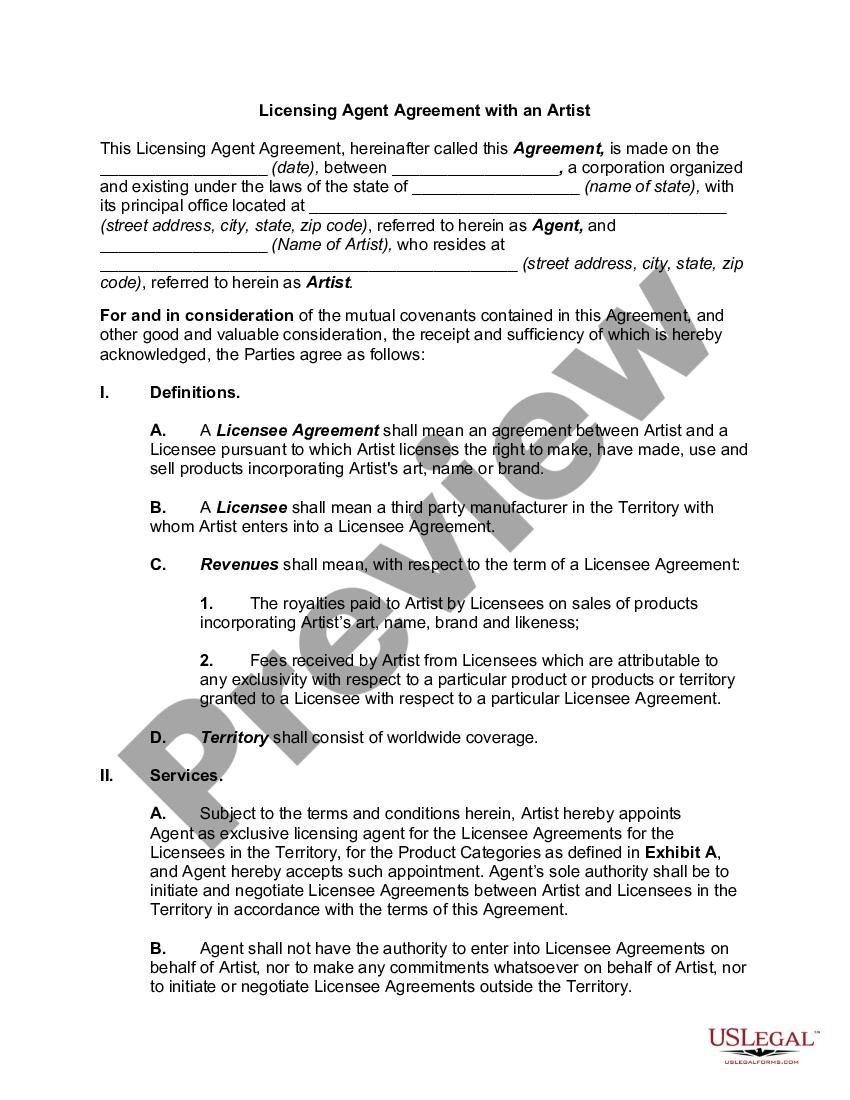 Montana Licensing Agent Agreement with an Artist - Agreement With ...