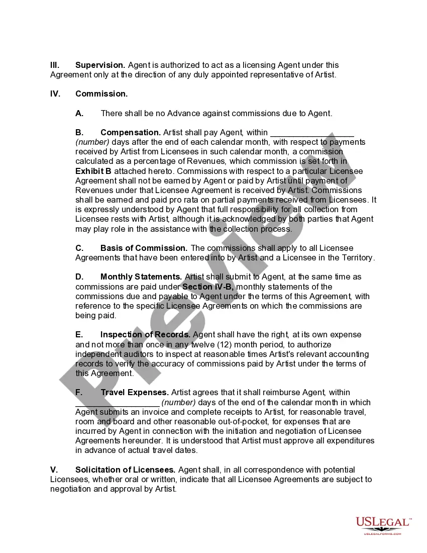 Preview Licensing Agent Agreement with an Artist
