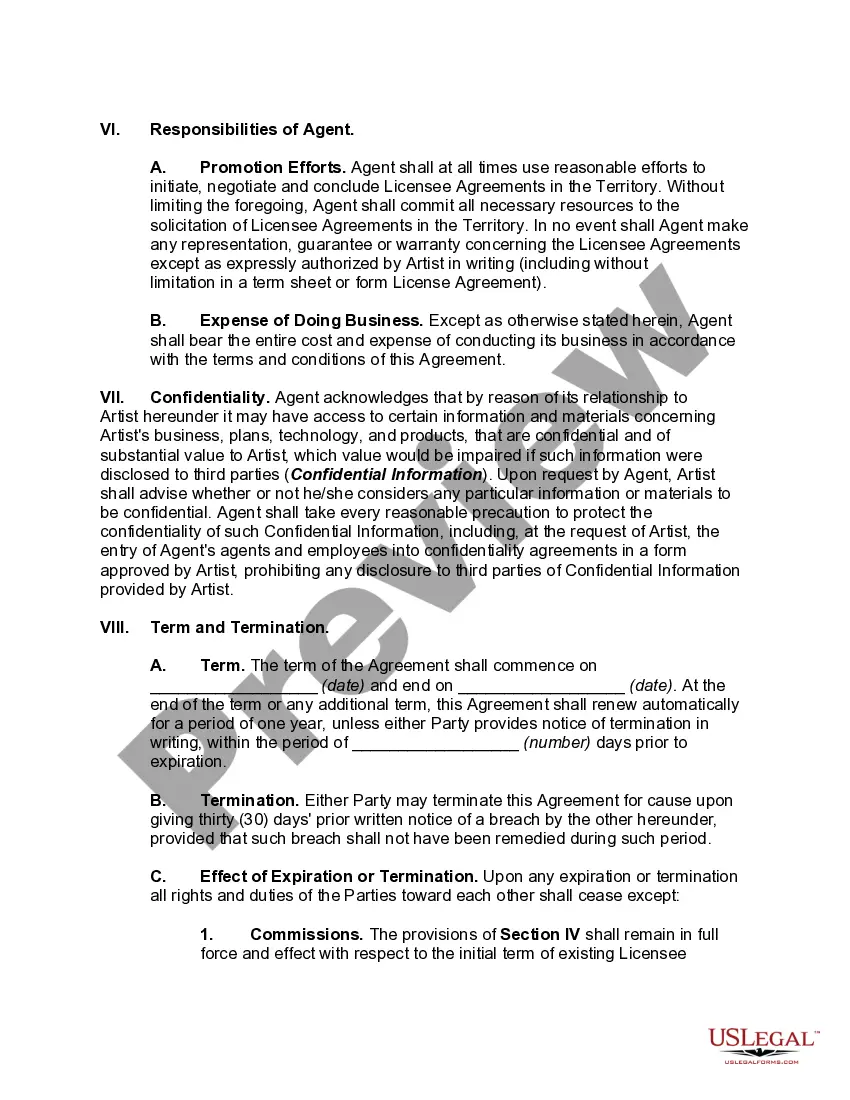 Preview Licensing Agent Agreement with an Artist