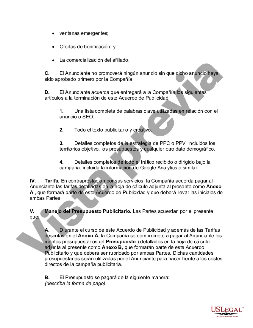 Preview Acuerdo de publicidad que incluye publicidad de pago por clic y costo por vista