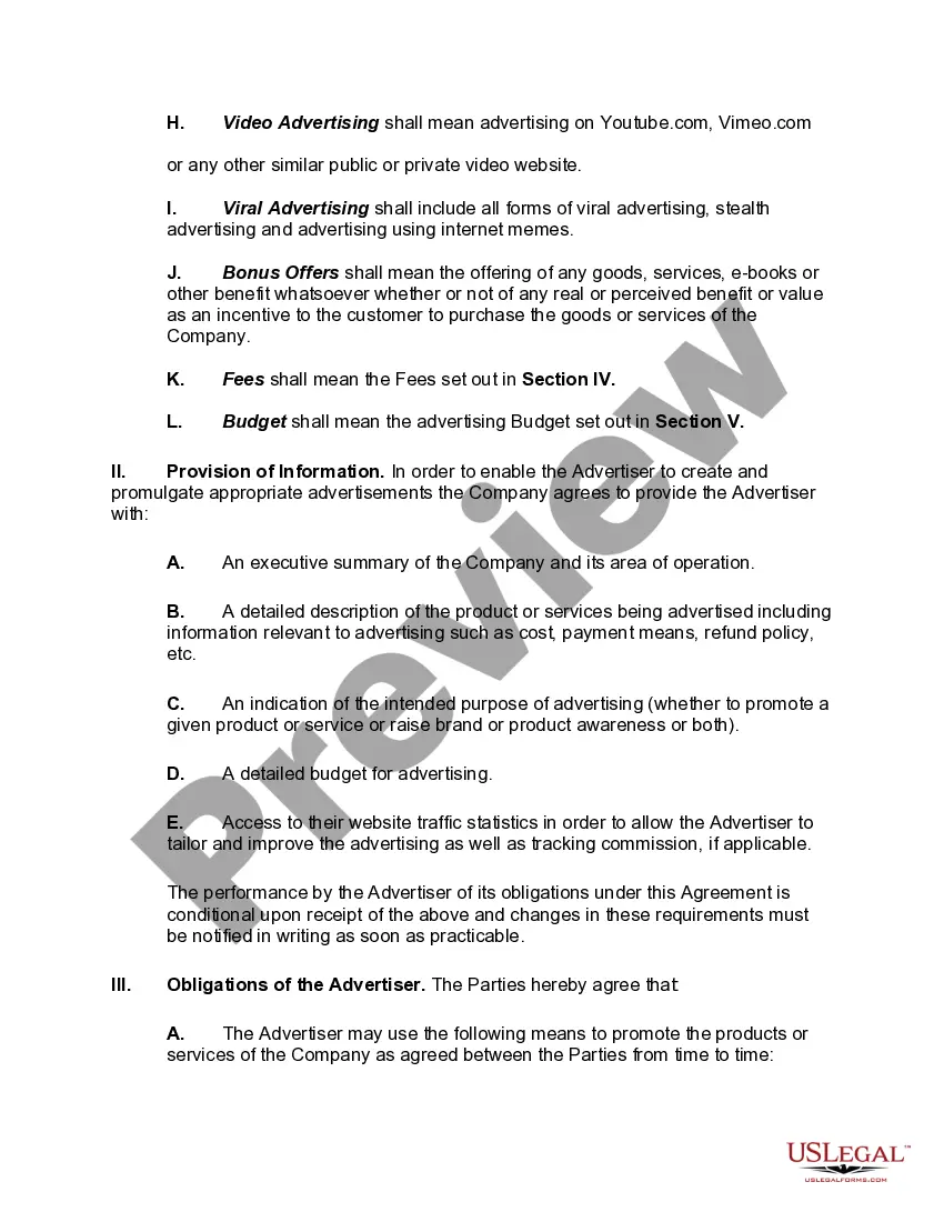 Get Advertising Agreement Including Pay Per Click and Cost Per View Advertising Preview Advertising Agreement Including Pay Per Click and Cost Per View Advertising