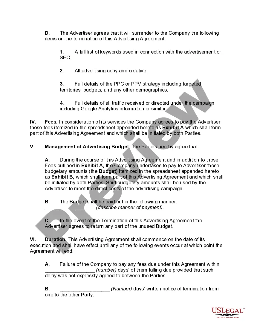 Get Advertising Agreement Including Pay Per Click and Cost Per View Advertising Preview Advertising Agreement Including Pay Per Click and Cost Per View Advertising