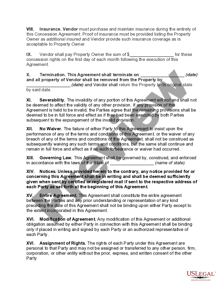 Maryland Concession Agreement US Legal Forms