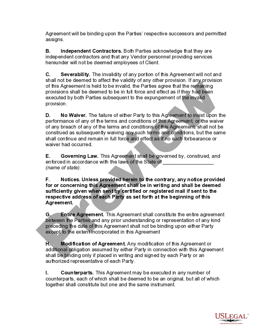 Preview Master Vendor Services Agreement