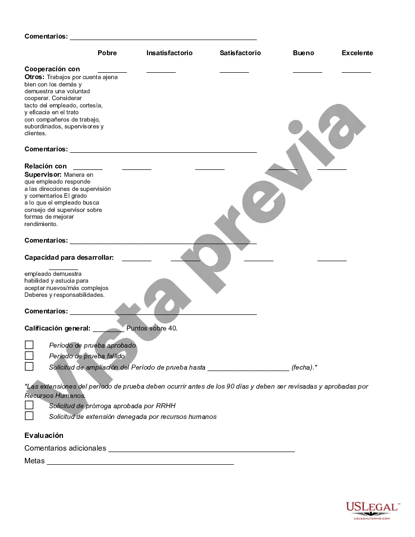 Preview Evaluación probatoria de noventa días del empleado