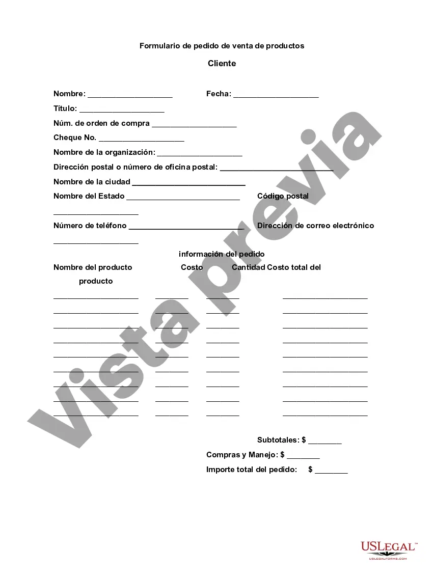 Preview Formulario de pedido de venta de productos