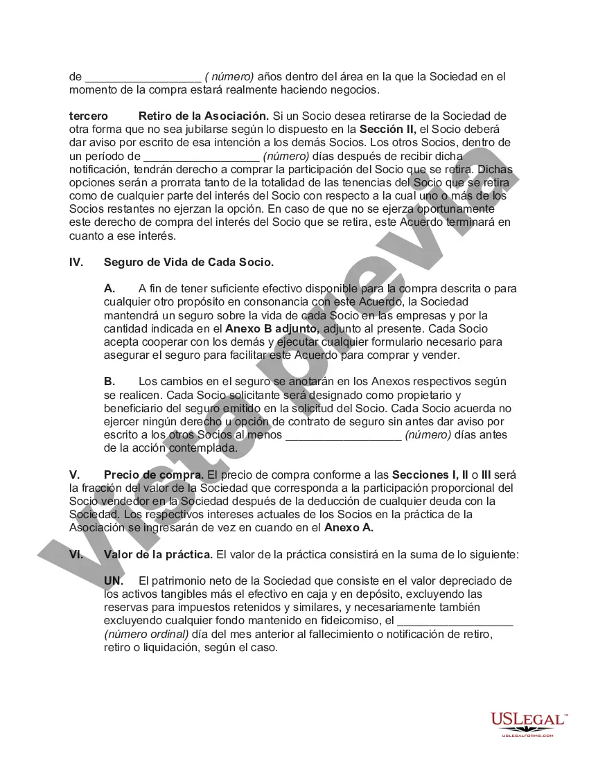 Preview Acuerdo de compra-venta de sociedad con compra en caso de muerte, retiro o retiro del socio con seguro de vida en cada socio para financiar la compra en caso de muerte