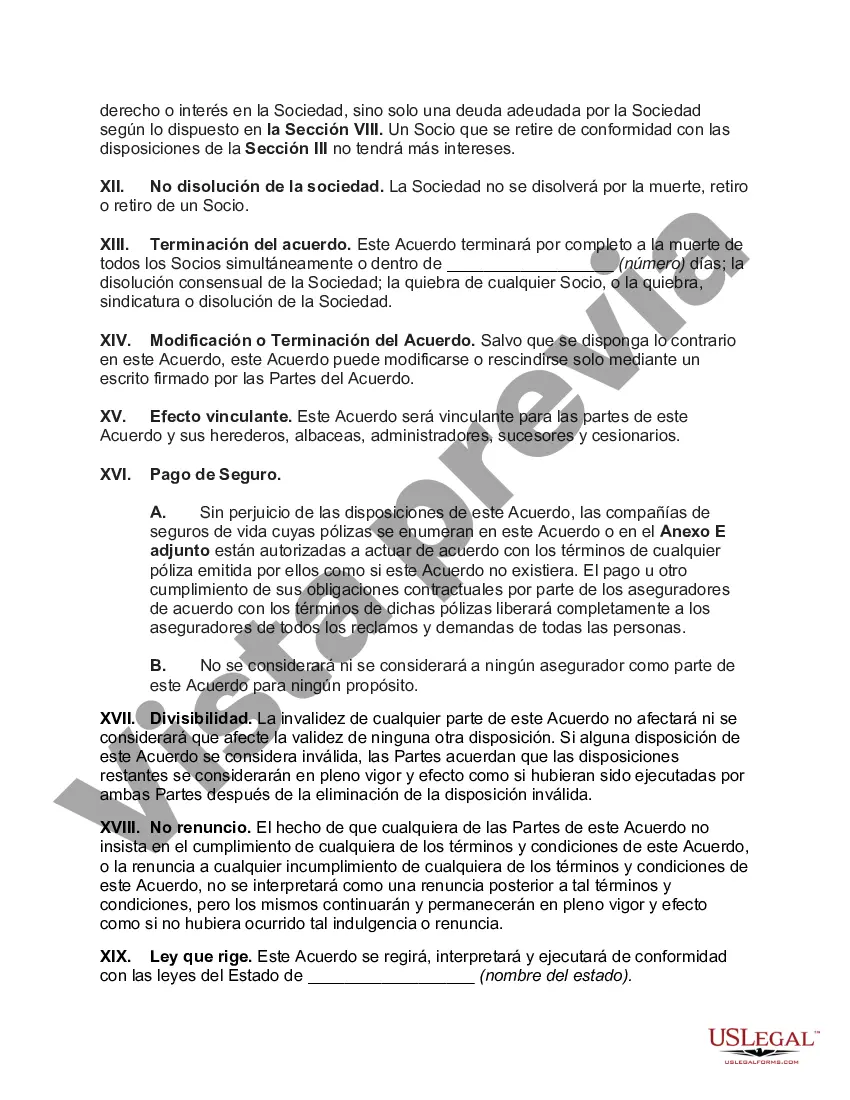 Preview Acuerdo de compra-venta de sociedad con compra en caso de muerte, retiro o retiro del socio con seguro de vida en cada socio para financiar la compra en caso de muerte
