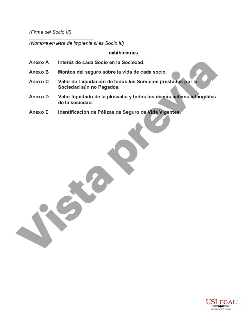 Preview Acuerdo de compra-venta de sociedad con compra en caso de muerte, retiro o retiro del socio con seguro de vida en cada socio para financiar la compra en caso de muerte