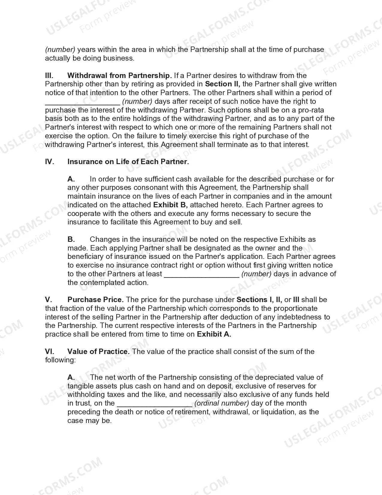Preview Partnership Buy-Sell Agreement with Purchase on Death, Retirement or Withdrawal of Partner with Life Insurance on Each Partner to Fund Purchase in Case of Death
