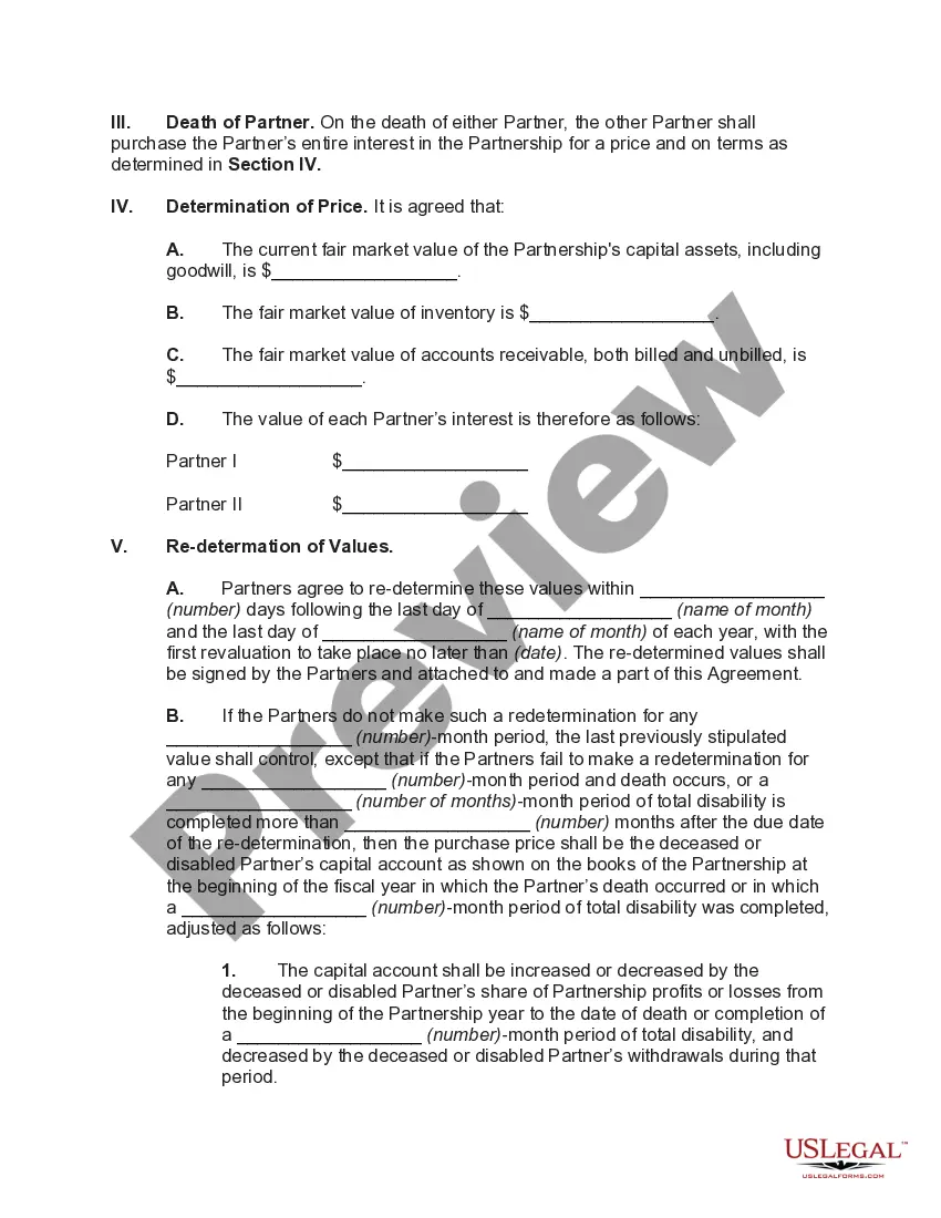 Preview Partnership Buy-Sell Agreement Fixing Value and Requiring Sale by Estate of Deceased Partner to Survivor