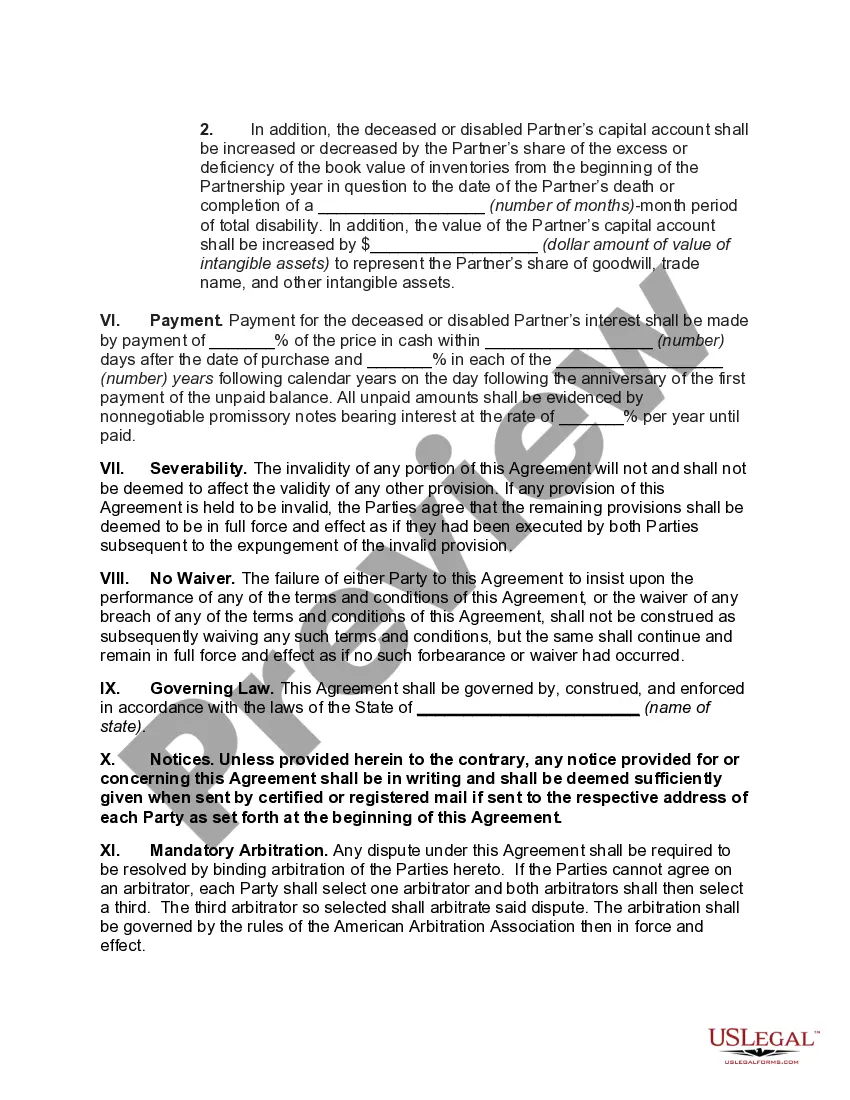 Preview Partnership Buy-Sell Agreement Fixing Value and Requiring Sale by Estate of Deceased Partner to Survivor