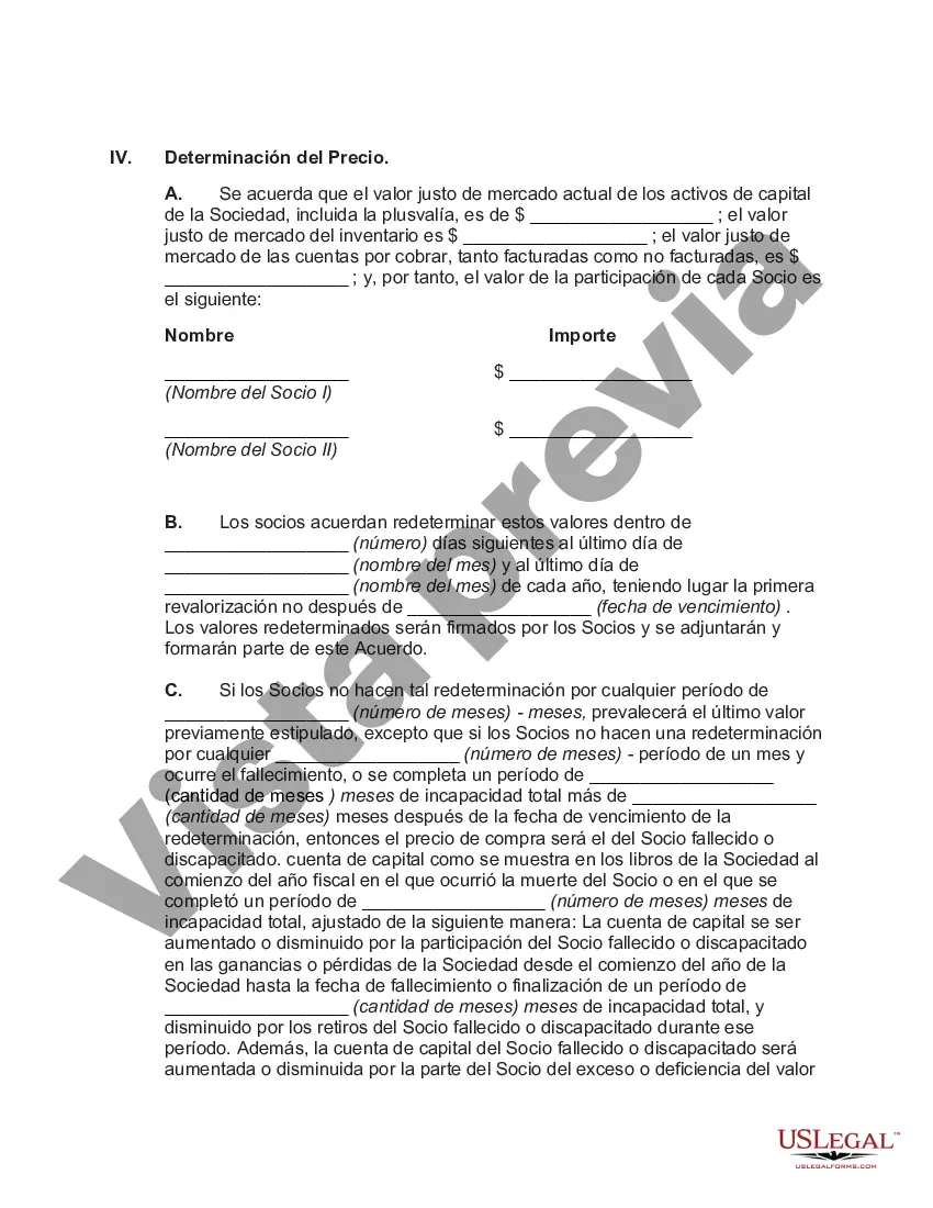 Preview Acuerdo de compra-venta de sociedad que fija el valor y requiere la venta por parte del patrimonio de la pareja fallecida al sobreviviente en una sociedad de dos personas en la que cada socio posee el 50 % de la sociedad