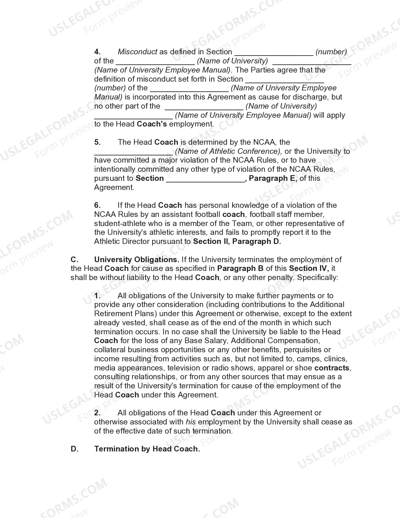 Preview Employment Agreement with Head Coach of University Football Team