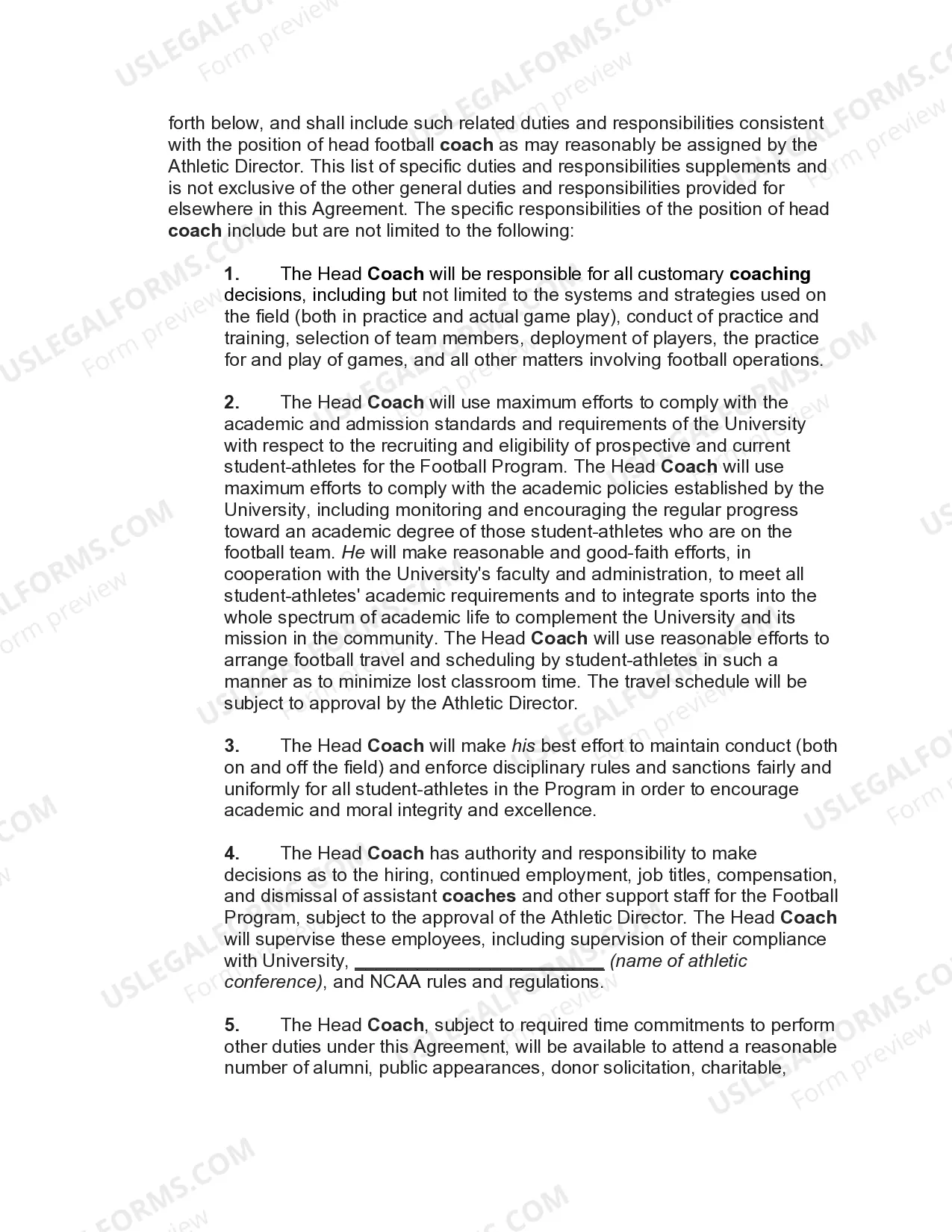 Preview Employment Agreement with Head Coach of University Football Team