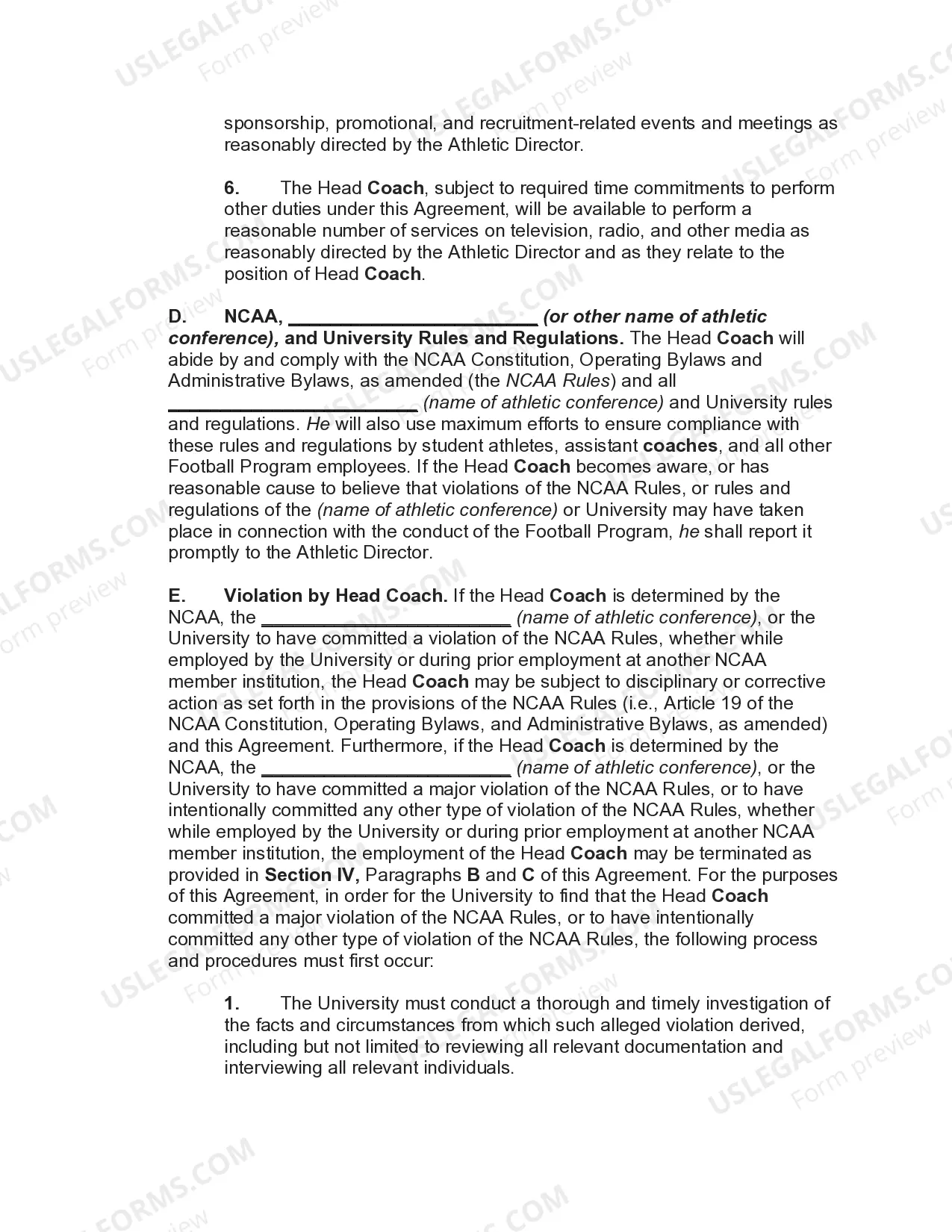 Preview Employment Agreement with Head Coach of University Football Team