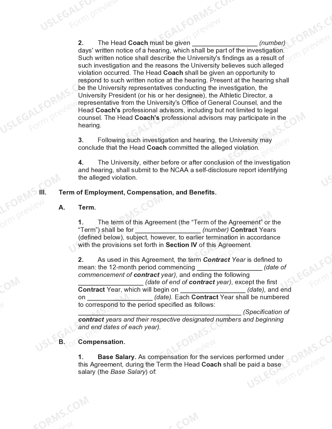 Preview Employment Agreement with Head Coach of University Football Team