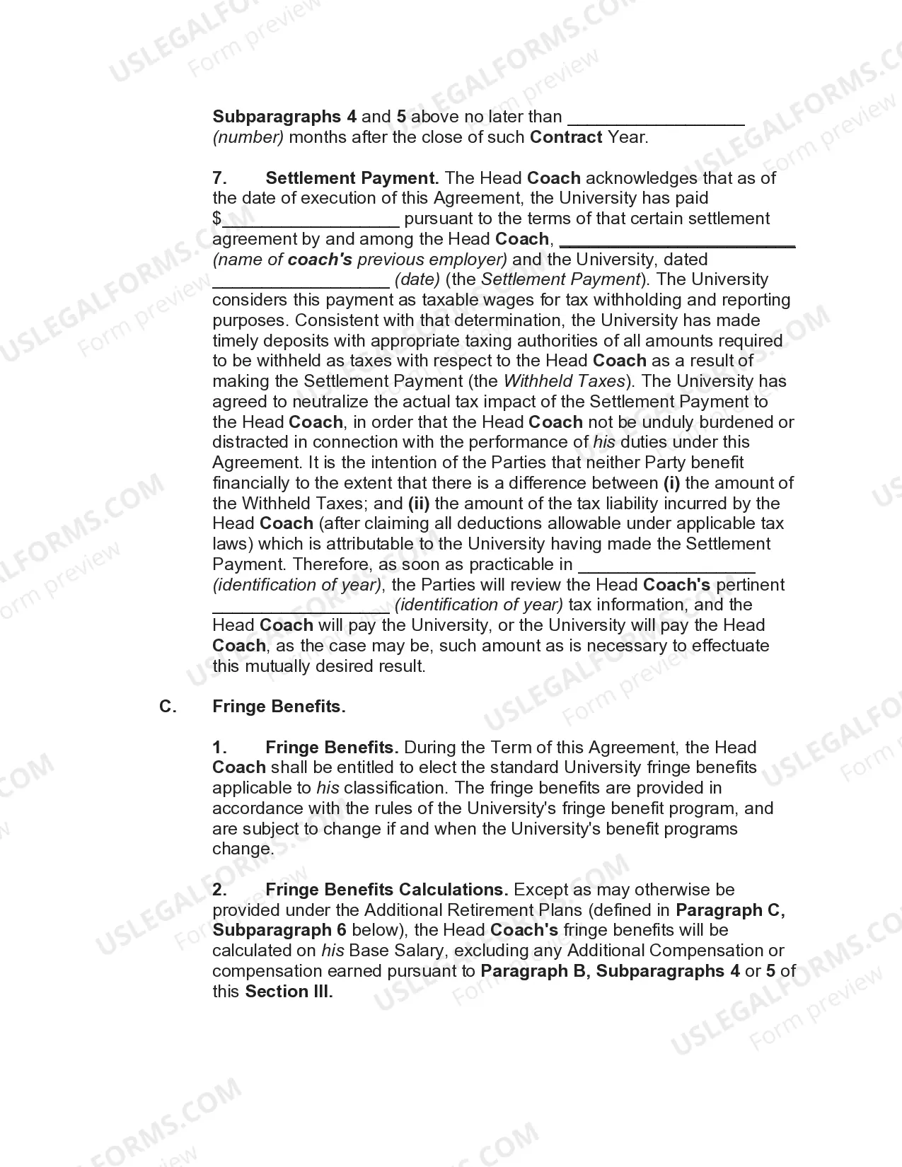 Preview Employment Agreement with Head Coach of University Football Team