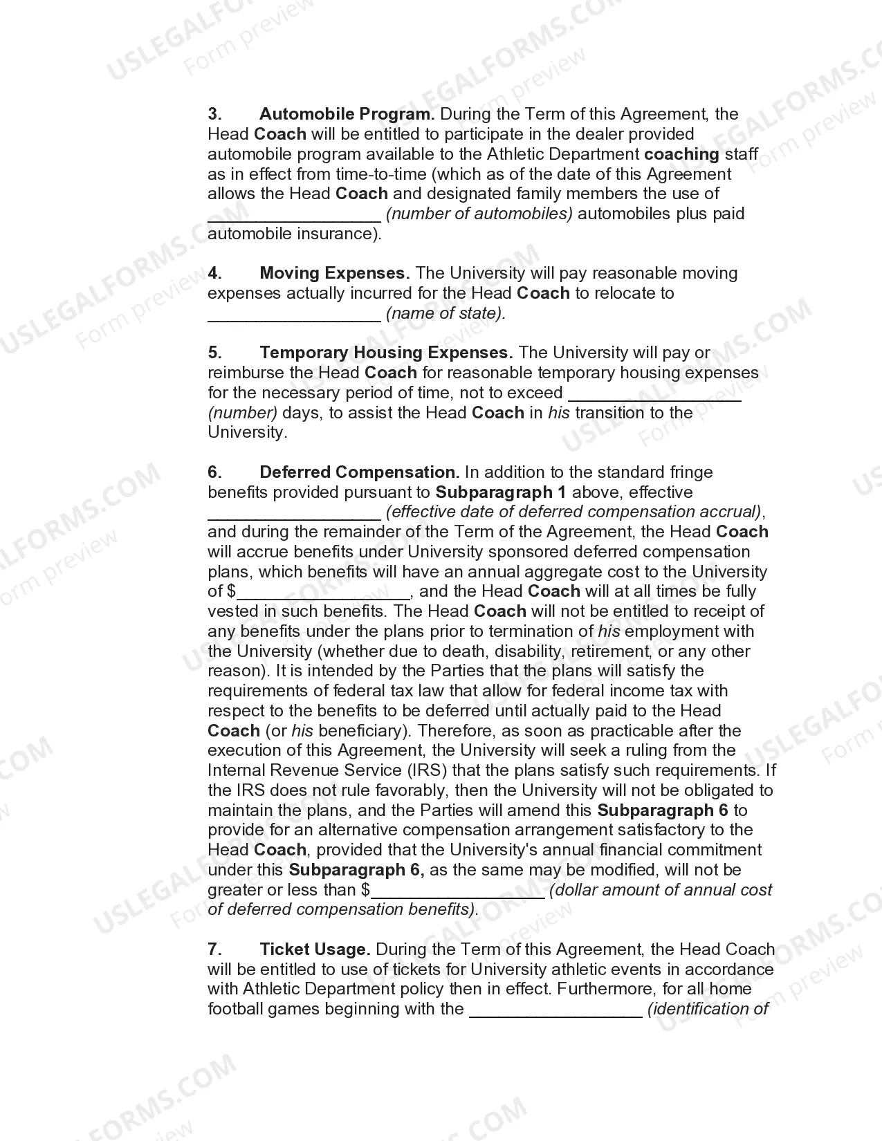 Preview Employment Agreement with Head Coach of University Football Team